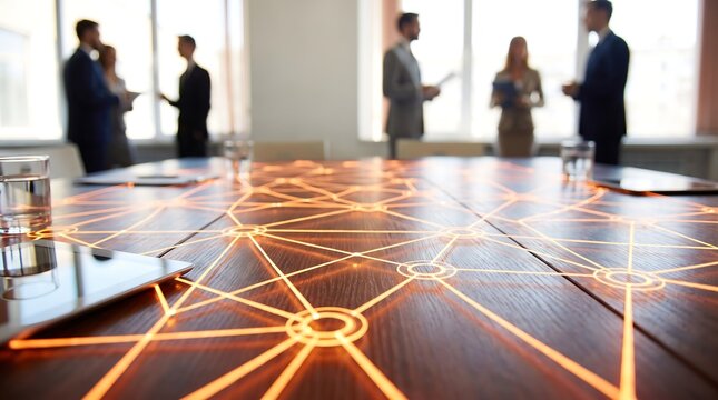 Business people silhouettes in bright modern office boardroom with abstract glowing data network connections on wooden table representing corporate digital transformation