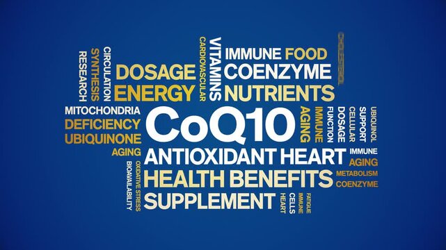 CoQ10 animated word cloud-text design animation tag kinetic typography seamless loop.