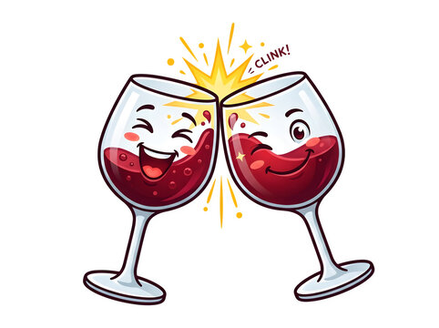 Cartoon wine glasses clinking together isolated on transparent background