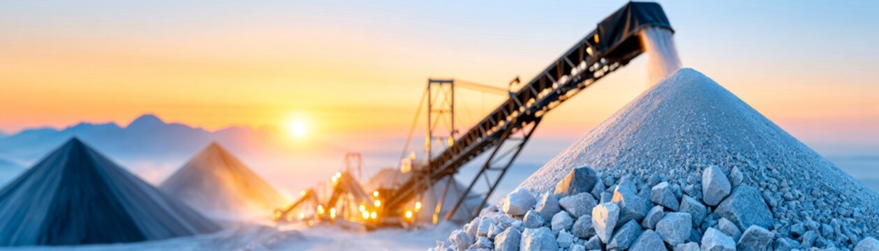 Critical Mineral Processing and Metal Production, Wide-Angle View of Mining Processing Plant with Conveyor and Material Piles During Sunrise