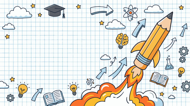 Back to School Banner Frame - Rocket Pencil and Science Doodles Vector Background