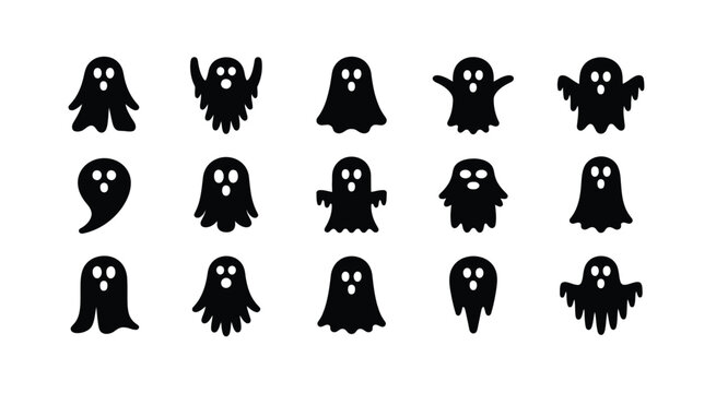 collection of black ghost silhouettes with varied shapes and expressions for halloween, haunted themes and spooky vector illustration