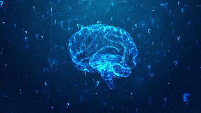 Digital brain inquiry visual with cyan neural anatomy, question symbols, and dark connected intelligence space. Perfect for learning videos, AI explainers, psychology promos, and science overlays.