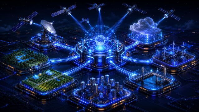 Satellites Linking a Futuristic Global Data Network Hub