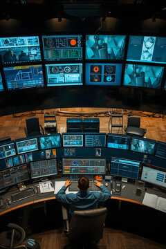 Overhead view of female operator managing industrial automation control room with multiple displays