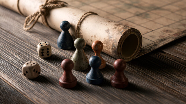 Dice and hand-painted game pieces on a design studio table