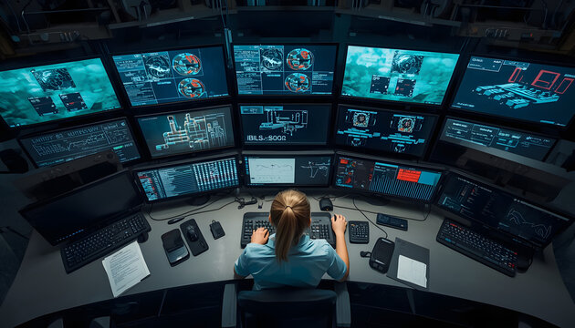 Top view of industrial plant control room with curved monitoring screens and operator workstation