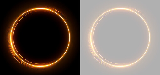 Glowing fiery gold circle frame on black and transparent backgrounds. Abstract orange light ring portal with sparks for magical energy effect © Николай Mовчан
