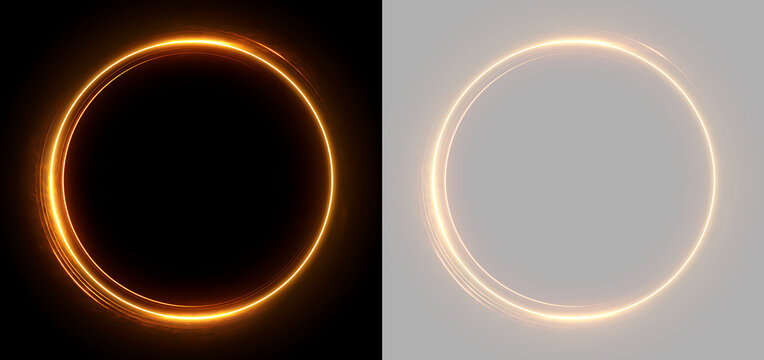 Glowing fiery gold circle frame on black and transparent backgrounds. Abstract orange light ring portal with sparks for magical energy effect