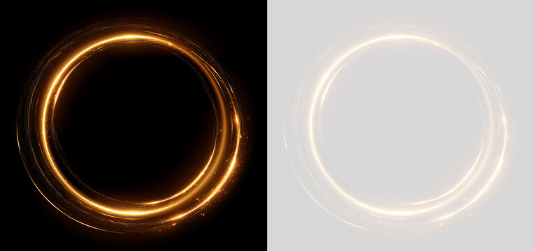 Glowing golden circular light effect with sparks. Fiery energy ring on black and transparent backgrounds. Abstract magical portal frame