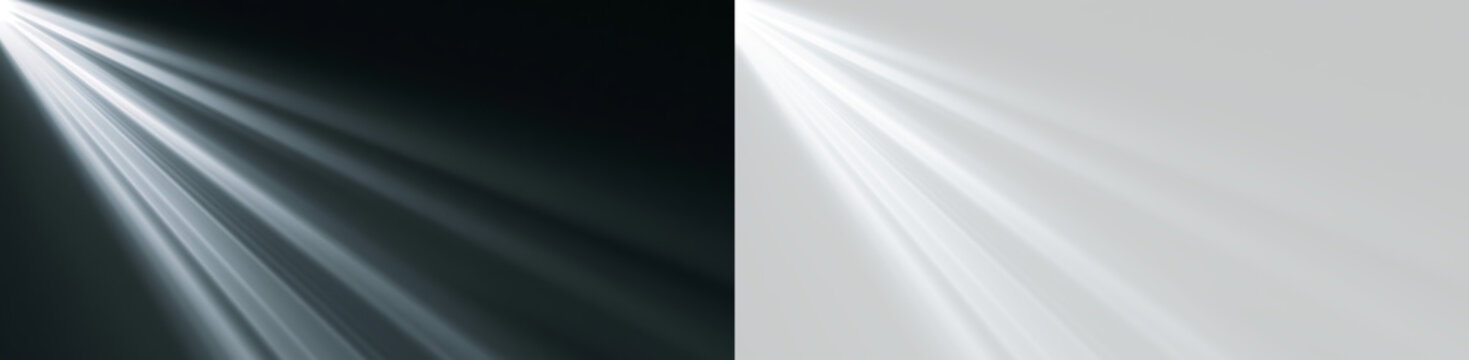 Soft volumetric light rays shining from the corner. Spotlight and sunbeam overlay effect on black and transparent background
