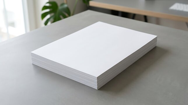Stack of blank white paper sheets resting on a clean gray office desk in a bright modern workspace