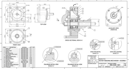 Obraz premium Technical Engineering Blueprint Showing Mechanical Assembly Details and Schematic Components for Industrial Design and Manufacturing
