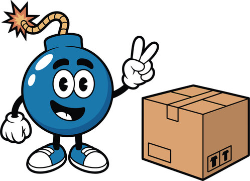 Happy bomb cartoon character mascot vector illustration, blue explosive ball showing peace sign next to cardboard box
