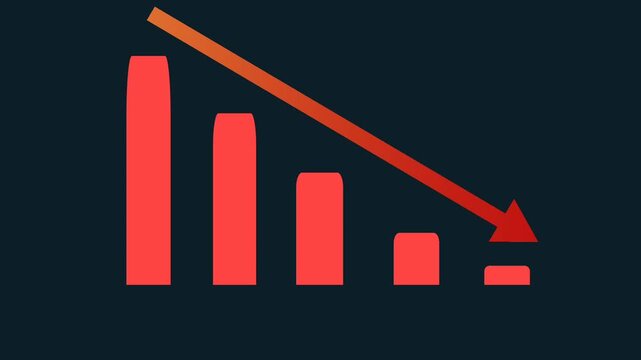 Animated descending bar chart with gradient downward arrow on dark background. Visualizes falling revenue, financial loss, market downturn, profit decline, negative performance and decreasing business