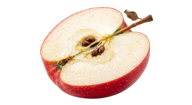 Close-up of a vibrant red apple cut in half, revealing its seeds and core