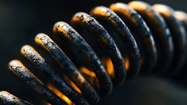 Close-up of a rusty, dark metal coil spring.