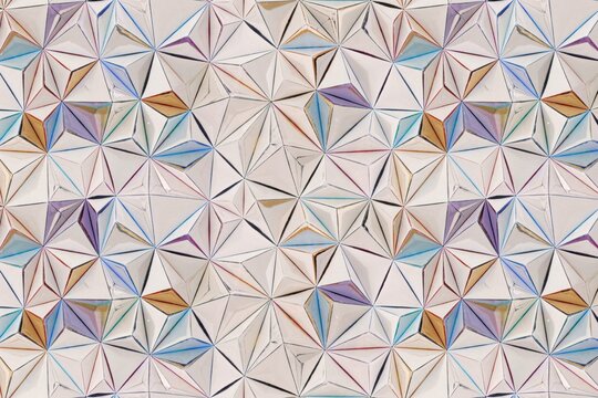 Geometric 3d pattern featuring multicolored triangular facets with soft pastel tones of blue, purple, and gold on a white background surface