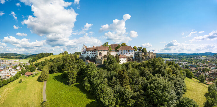 Aerial drone panorama of the Lenzburg castle, built in the 11 century, in Canton Aargau, Switzerland (large stitched file)