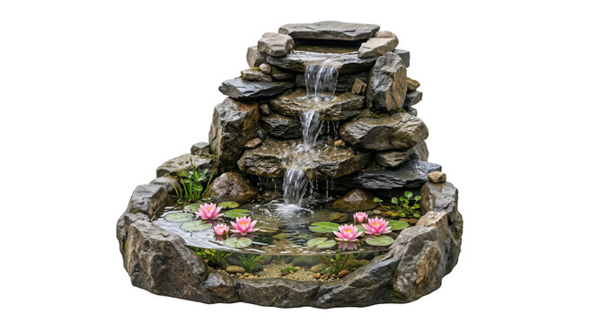 Serene rock waterfall cascades into a tranquil pond with pink water lilies