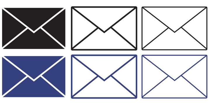 Minimalist envelope icon set, 6 vector mail symbols in black and navy blue, flat line art email correspondence signs for business communication