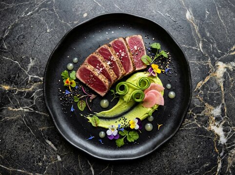 Seared ahi tuna tataki with avocado puree and edible flowers culinary cucumber