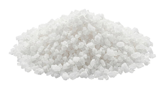 A pile of coarse sea salt crystals on a white background