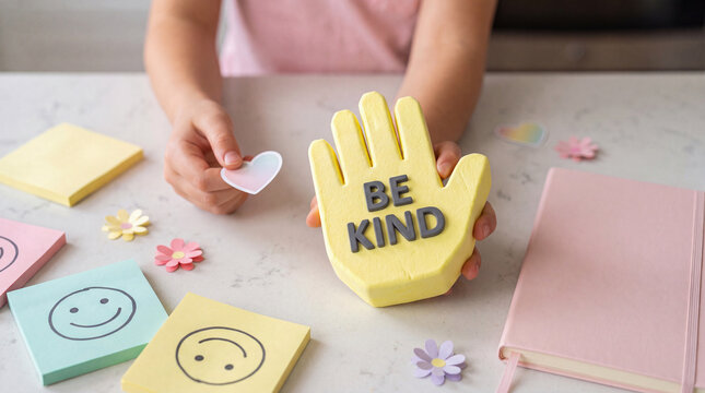 Girl hands holding 3D sign Be Kind and smiling pastel notes