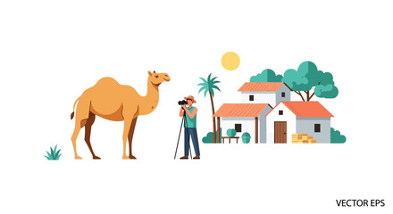 Naklejka premium Photographer Captures Camel in Desert Village