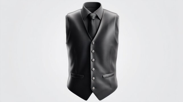 A monochrome, tailored waistcoat ensemble floats against a soft gradient background. The vest, tie, and collared shirt are presented formally