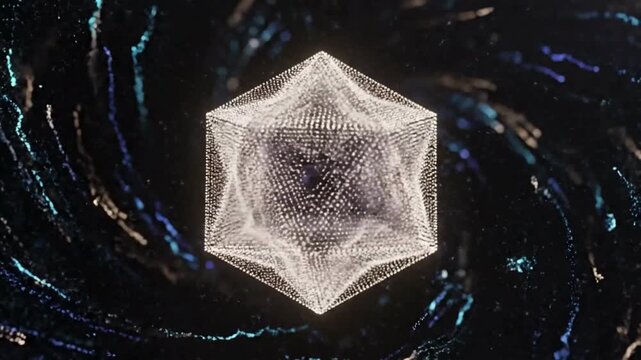 Abstract geometric particle vortex and rotating icosahedron animation