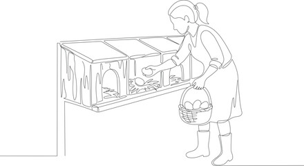 Continuous one line drawing of farmer collecting fresh eggs from chicken coop. Minimalist poultry farming vector illustration © Jarmila
