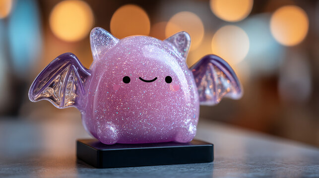 Cute purple bat shaped squishy toy made of translucent glitter gel on a black display stand with a blurred Halloween background. Adorable collectible sensory fidget toy
