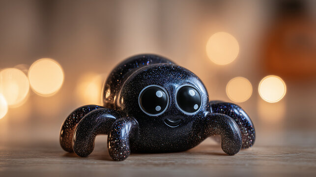 Cute spider shaped squishy toy made of transparent black gel with shimmering glitter on a soft blurred Halloween background. Adorable collectible sensory fidget toy