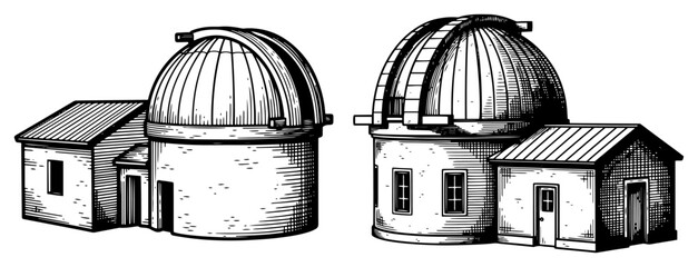 Astronomical observatory illustration telescope dome building science research center astronomy stargazing architecture sketch black and white vector © JakubVectorSketch