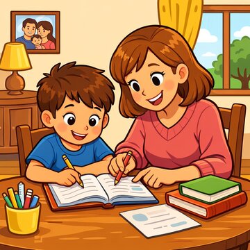 Mother Helping Son with Homework at Home