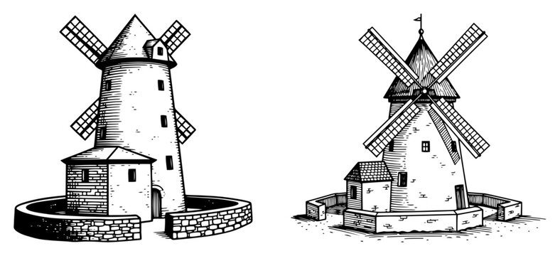 Traditional stone windmill illustration vintage rustic farm building old wind mill architecture landscape design sketch black and white vector