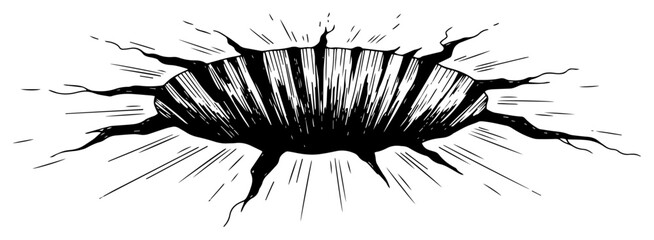 Crack in the ground hole illustration crater or abyss earthquake disaster impact sketch black and white vector art © JakubVectorSketch