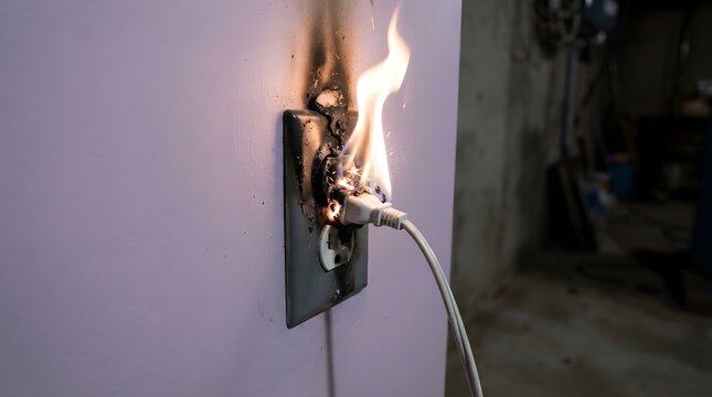 Electrical fire burning in wall outlet, short circuit causing flames and smoke, dangerous house fire hazard from faulty power socket