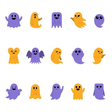 Cute Halloween Ghost Character Clipart Bundle with Funny Kawaii Expressions Flat Vector Set