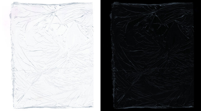 Crumpled plastic wrap texture on black and white backgrounds, wrinkled transparent film overlay, clear polyethylene stretch wrap for packaging design