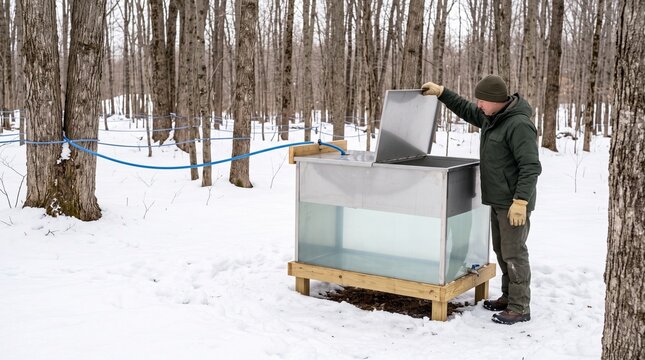 Maple sap tank inspection, Modern sugarbush collection, Sugarmaker checking clear sap, Snowy forest workflow, Clean copy space