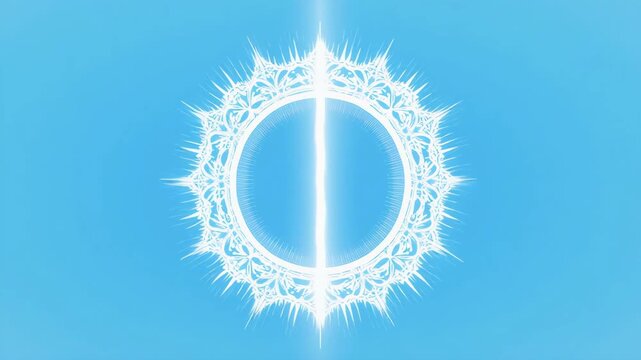Abstract Glowing Ornate Circular Emblem Pulsating with Light Against a Clear Blue Sky Background