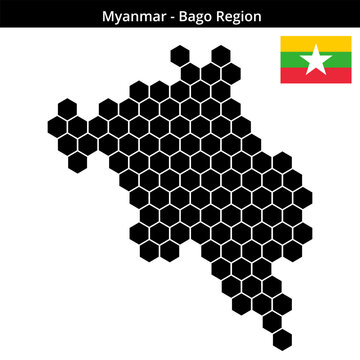 Map of Myanmar region Bago-Region in larger hexagonal shaped dots