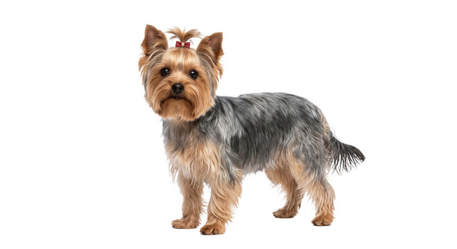 Adorable Yorkshire Terrier dog with a red bow on its head stands on a white background