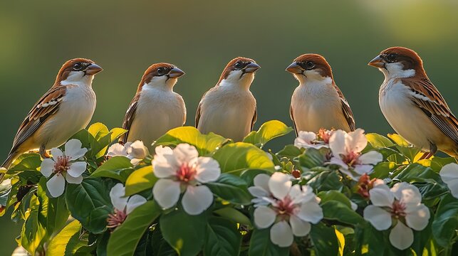 Five sparrows perched on branch with blossoms