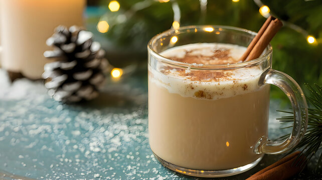 Festive eggnog in glass mug with cinnamon stick pinecone and holiday lights background