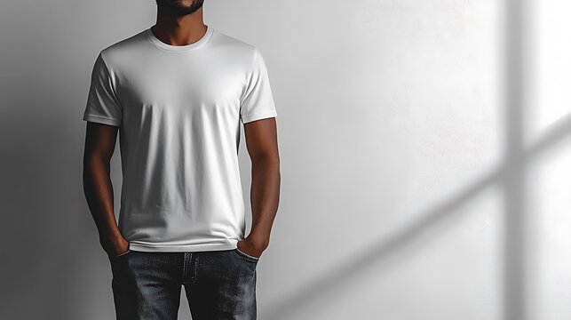 Man wearing blank white t shirt casual denim jeans standing studio background
