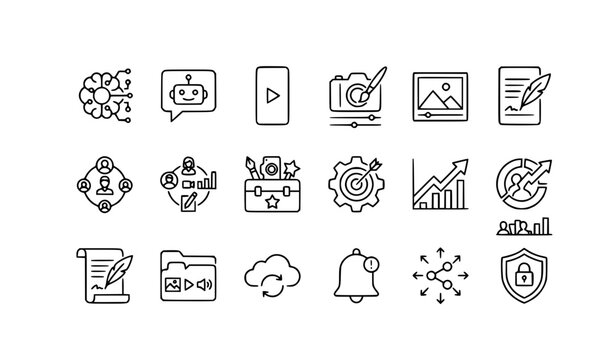 Modern Thin Line Content Creation and Social Network Icons for Creative Dashboard and Mobile UI Vector Set