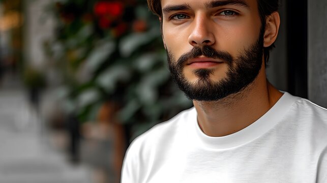 Man with beard and white t shirt portrait outdoors